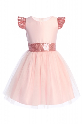 Pink Sequin Flutter Sleeve Dress with Satin Bodice